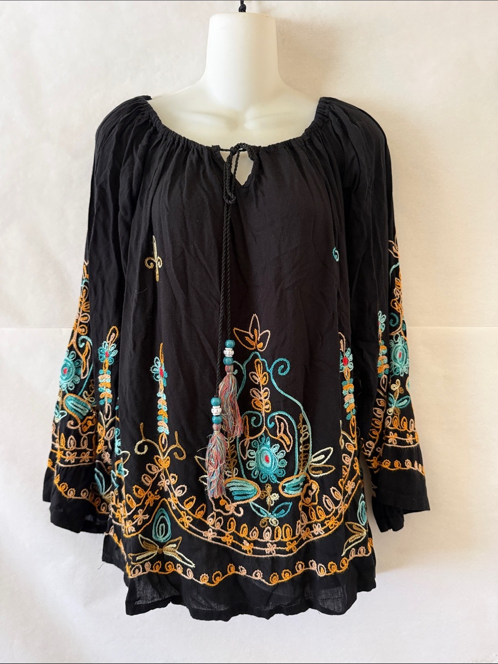Black Embroidered Off Shoulder Blouse Size L XL Multicolor Tassel Boho Peasant